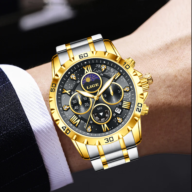 Luxury Watch Moon Phase - LIGE Top-Marke Luxus-Quarzuhr für Herren, lässig,