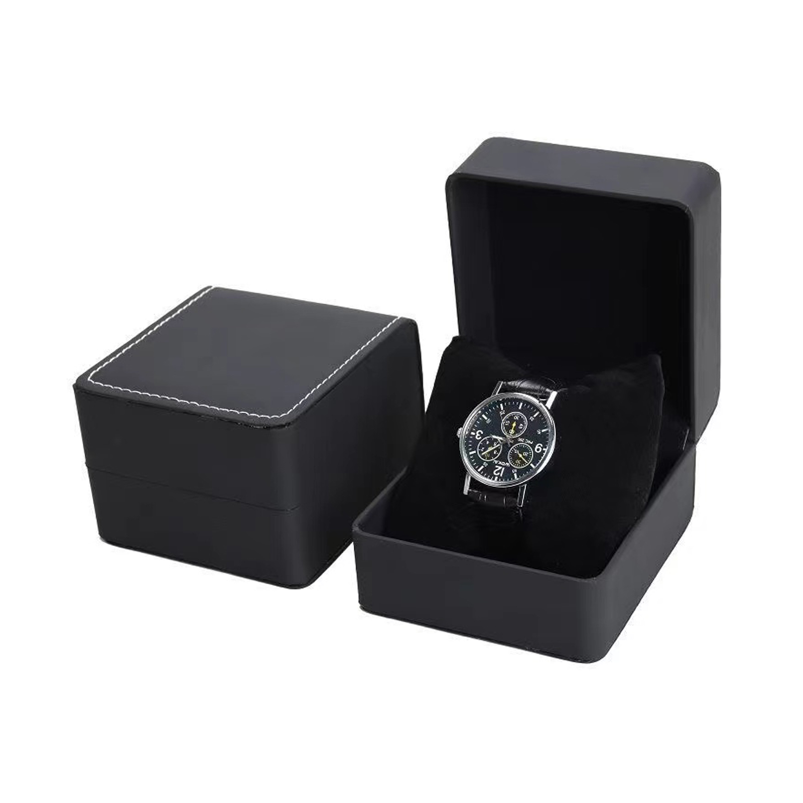 Luxury Watch Packaging Box - Lnofxas Schwarze Einzeluhr-Geschenkbox mit Kissen, PU-Leder,