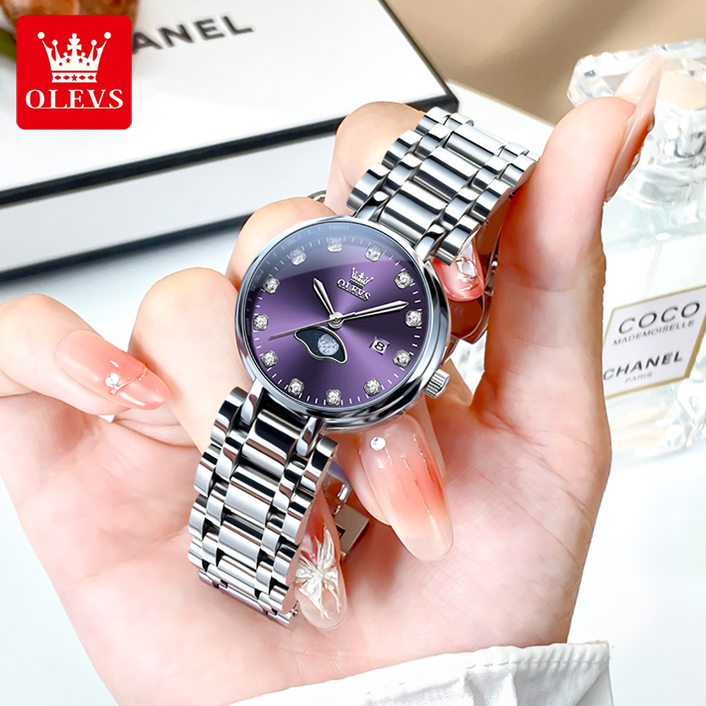 Luxury Watch Moon Phase - OLEVS Elegante Mode Lila Strass Zifferblatt