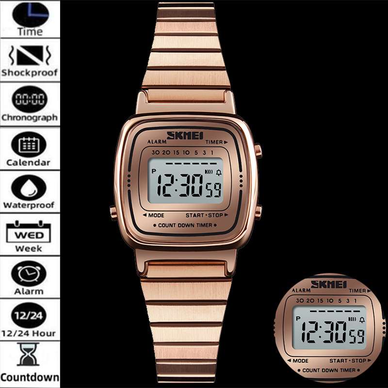 Perpetual Calendar Watch - Skmei Damen-Digitaluhren, luxuriöses Edelstahlarmband, Mineralglas-Zifferblatt, 30